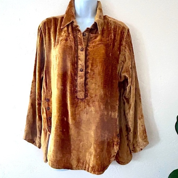 TRU LUXE Washed Velvet Embroidered Placard Button Neck Tunic Gold Long Sleeve S - Picture 1 of 9